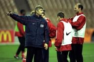 The Arsenal coach Arsene Wenger with Players Steve Bould and Nigel Winterburn